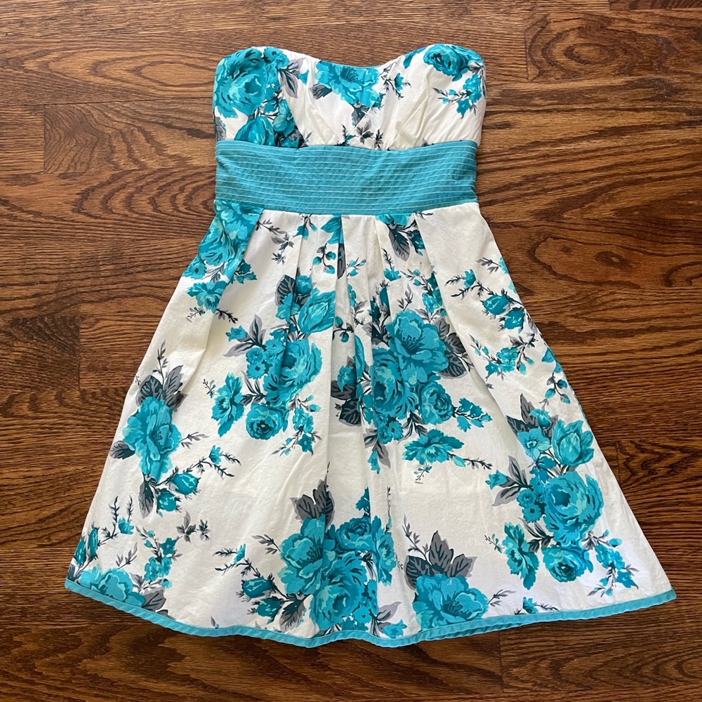 Blue and White Strapless Floral Mini Dress